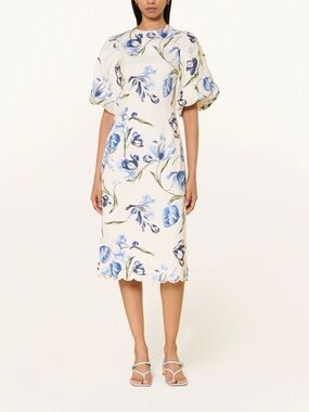 By Malina Cream Midi Dress with Blue Floral Print and Puff Sleeves